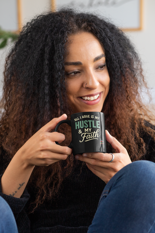 Hustle & Faith Black Coffee Mug with Motivational Quote, Perfect Gift for Entrepreneurs, Tea Lovers, Comeback Story, Coffee Break
